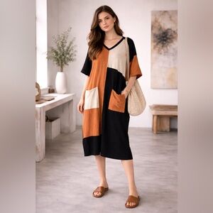 Kedziorek Linen Colorblock Oversized Dress EU 40 Art Chic